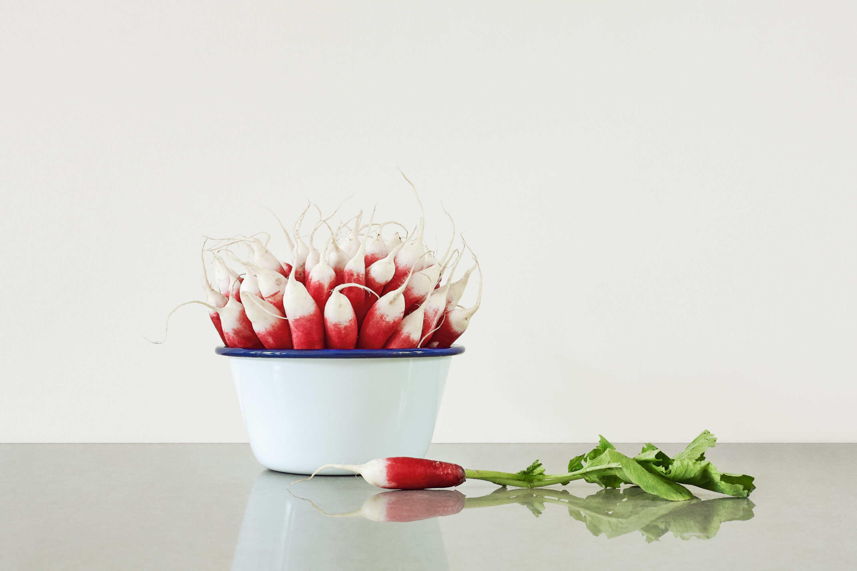 Falcon enamelware, food photography art direction, radish and bowl